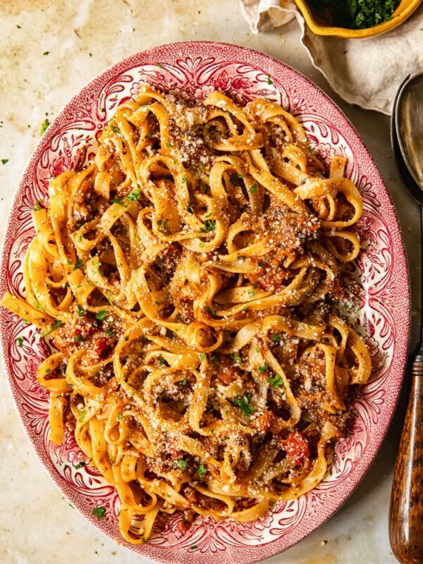 Plate of pasta with vegetarian mushroom bolognese