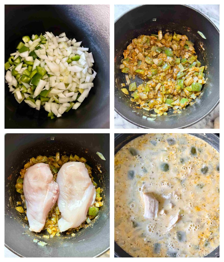 Process shots of white chicken chili being cooked in a pot