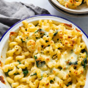Top down view of brie mac and cheese in a baking dish