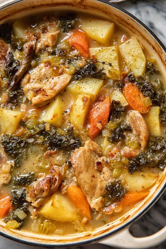 Close up shot of chicken stew in a large pot with carrots and potatoes