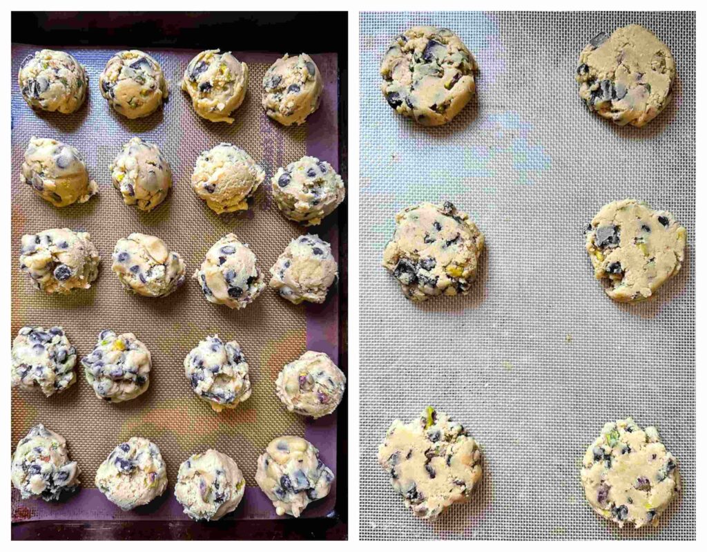Process shots of the cookie dough being spread out on a baking sheet