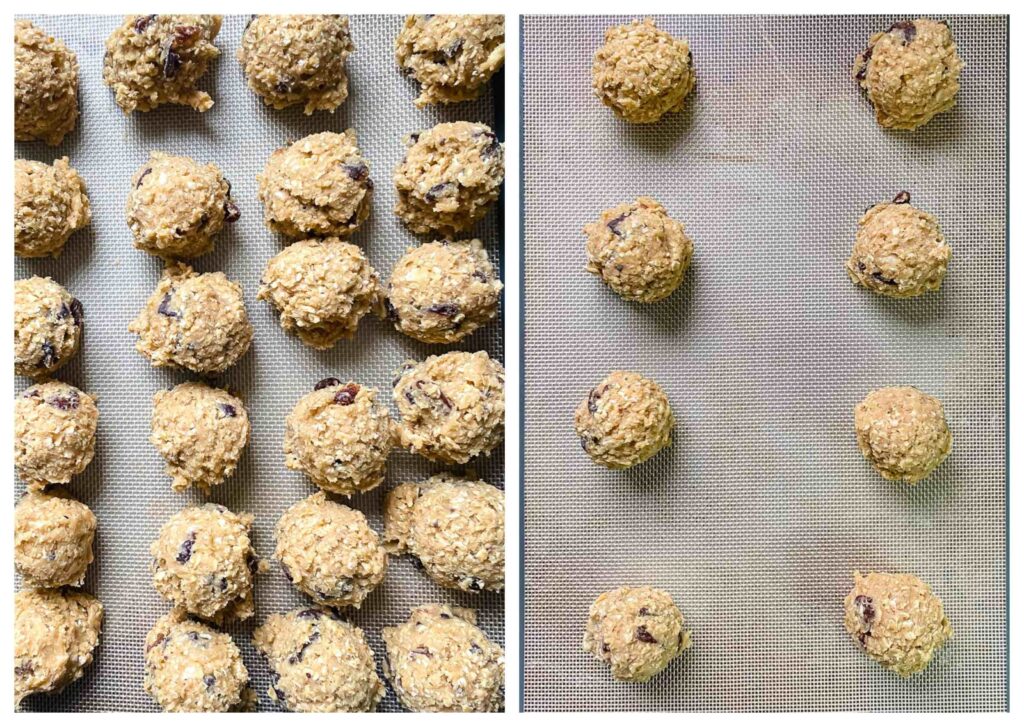 Process shots of cowboy cookie dough spread on a baking sheet in cookie sized balls