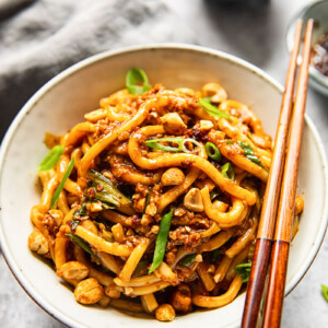 Top down of noodles with chop sticks