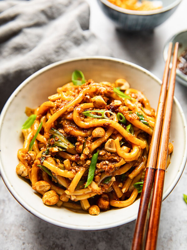 Top down of noodles with chop sticks