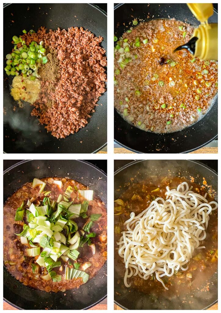 Process shots of dan dan noodles in pan