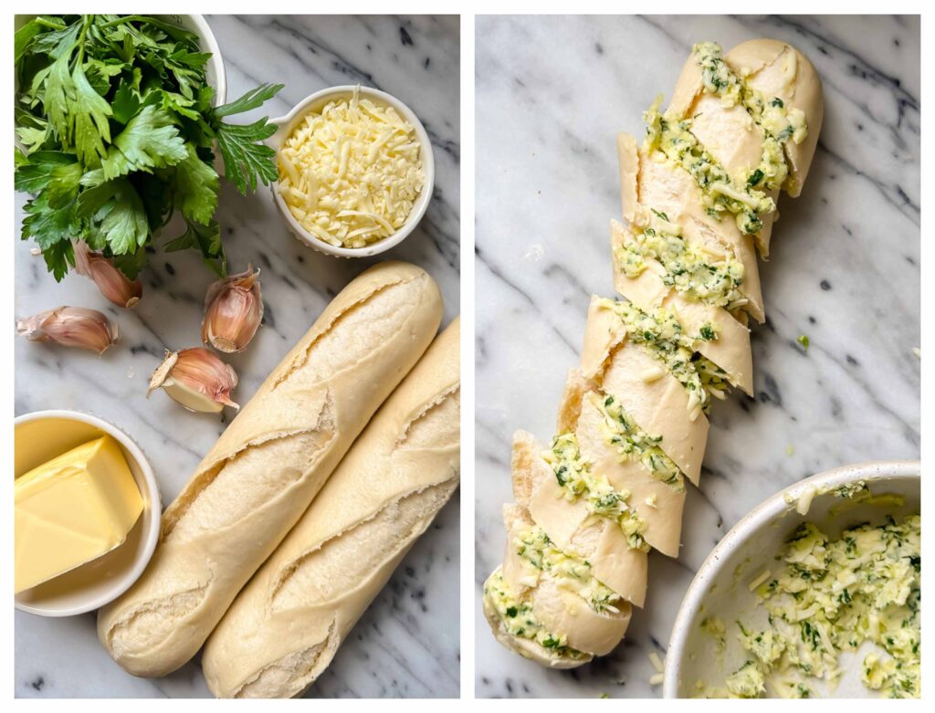 Process shots of unbaked baguette and garlic butter being prepared