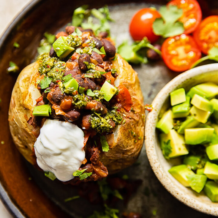 Jacket Potatoes with Spicy Baked Beans and Chimichurri Sauce Vikalinka