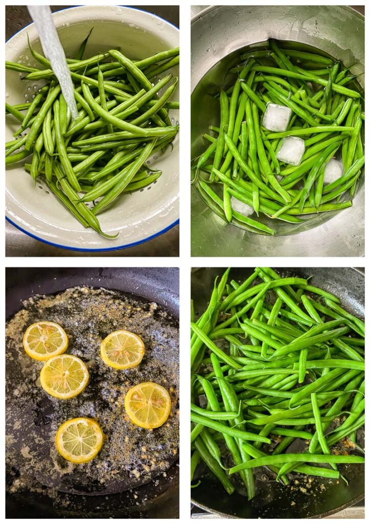 Process shots of green beans cooked, in ice water, lemons on a frying pan, and combined ingredients.