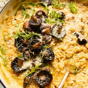 Close up of roasted mushroom risotto