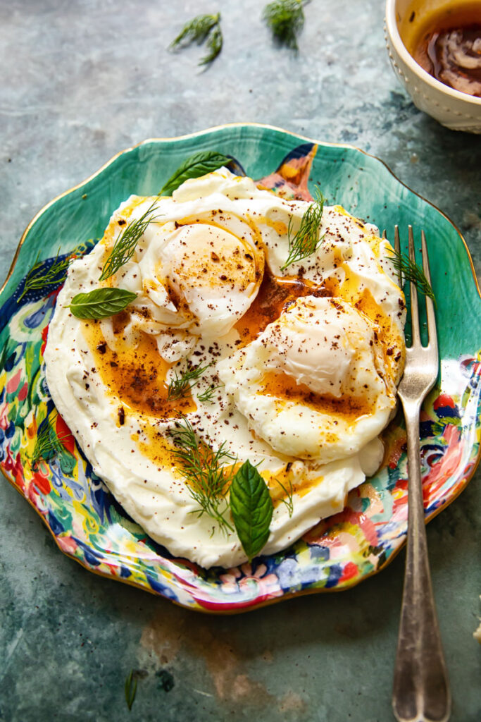 Turkish eggs on a colourful plate