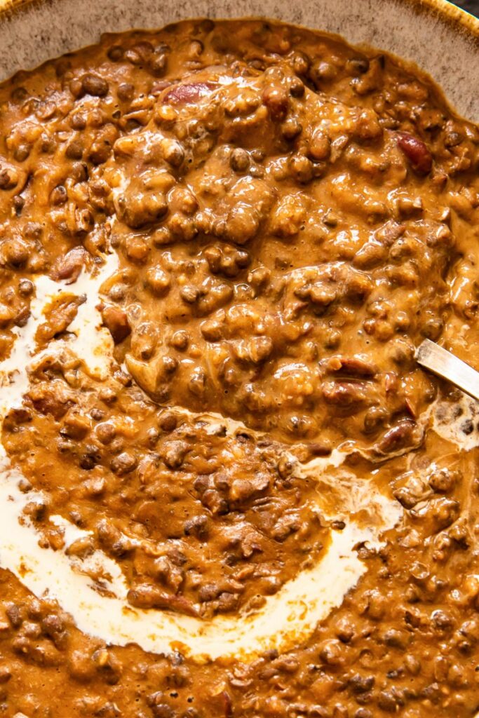 Close up of dal makhani with a hint of cream