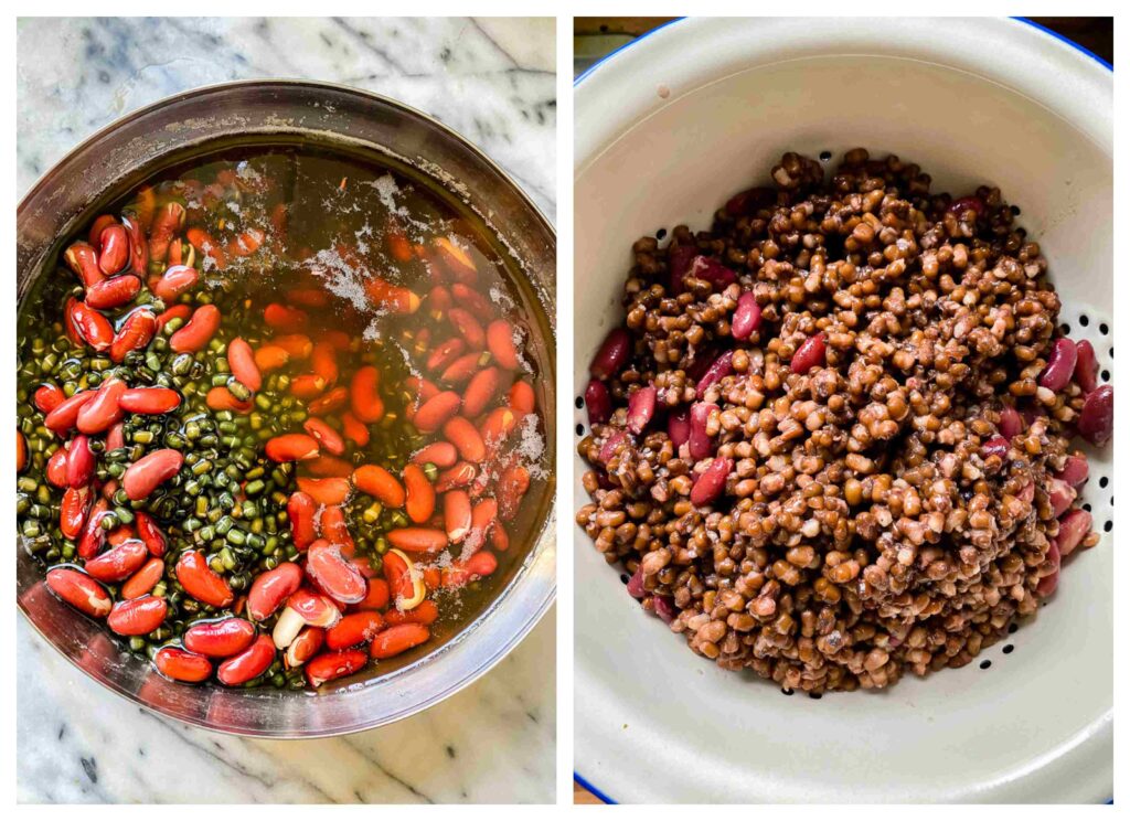 Two process shots of lentils and beans soaking in water and then in a colander