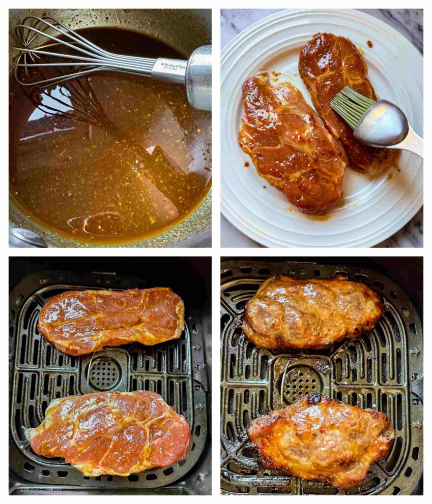 Process shots of the boneless pork chops being glazed and put into an air fryer