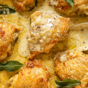 Close up view of chicken thighs braised in a creamy sage sauce in a large pan