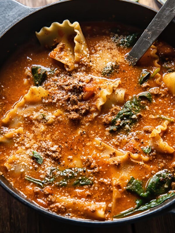 close up of a pot of lasagna soup with a ladle inside