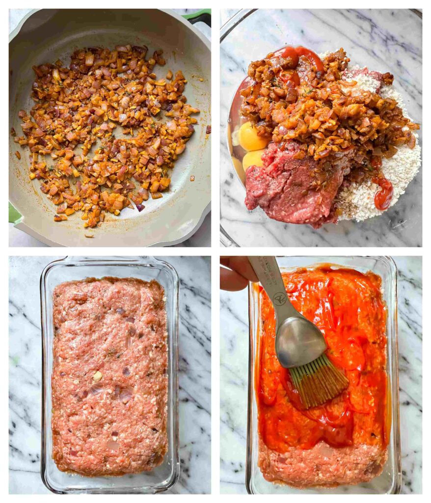 Process shots of meatloaf mixture being combined and made into a meatloaf