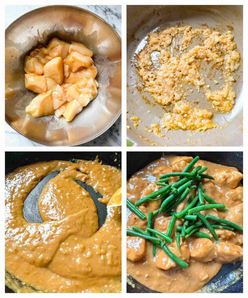 Process shots of peanut butter sauce being made and combined with chicken and green beans