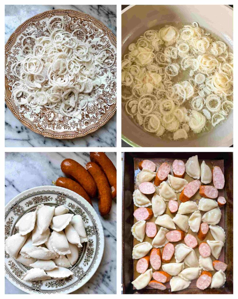 Process shots of onions being prepared and pierogies and kielbasa spread on a baking tray