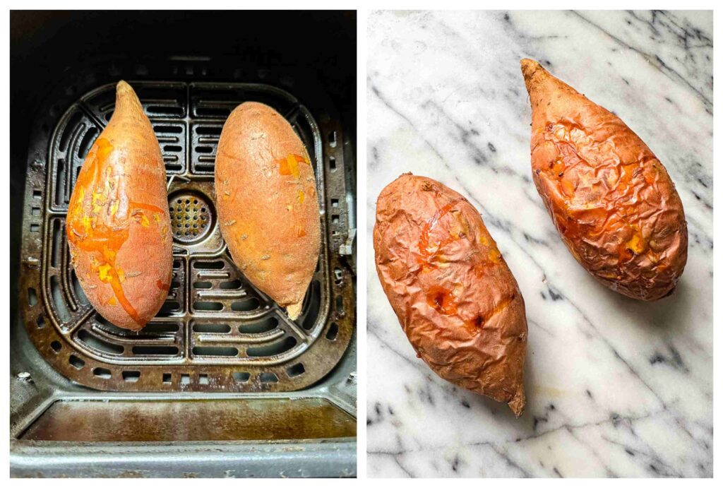 Process shots of sweet potato being put into air fryer and coming out baked