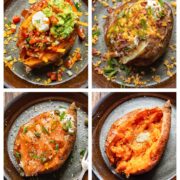collage of baked potatoes with different toppings