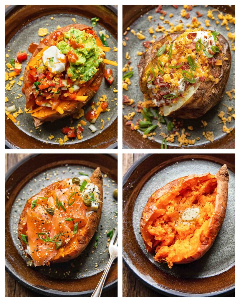 collage of baked potatoes with different toppings