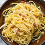 top down of a plate of linguine pasta