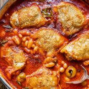 Top down view of chicken stew in a pan