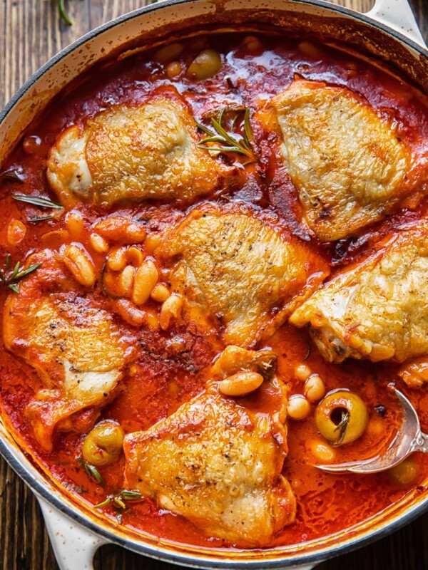 Top down view of chicken stew in a pan