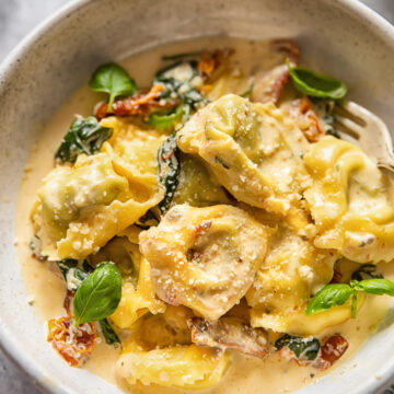 bowl of tortellini with sauce