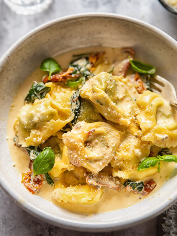 bowl of tortellini with sauce