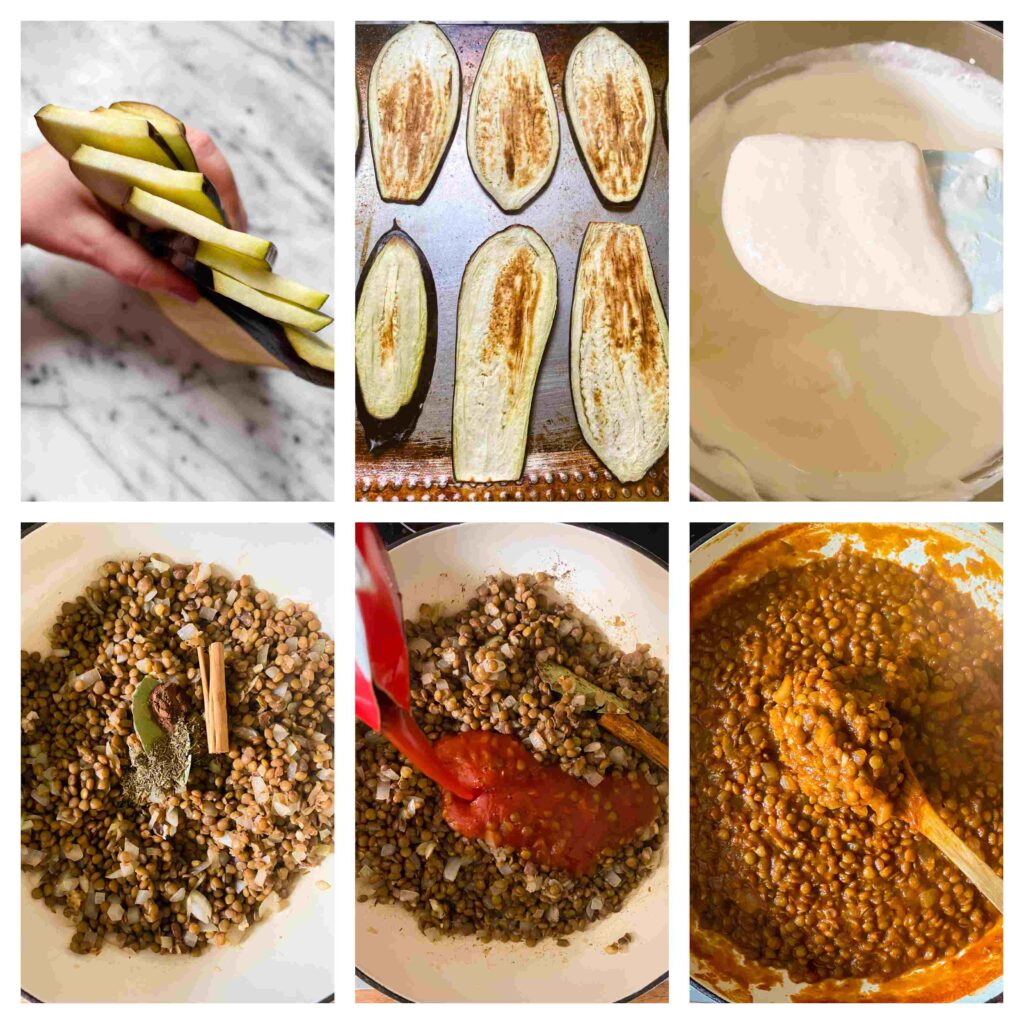 Process shots showing the cooking of the eggplants and lentils