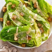 top down of a bowl of Caesar salad