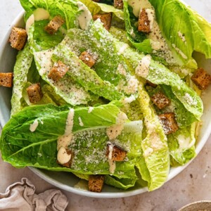 top down of a bowl of Caesar salad