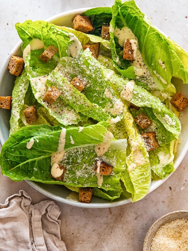 top down of a bowl of Caesar salad