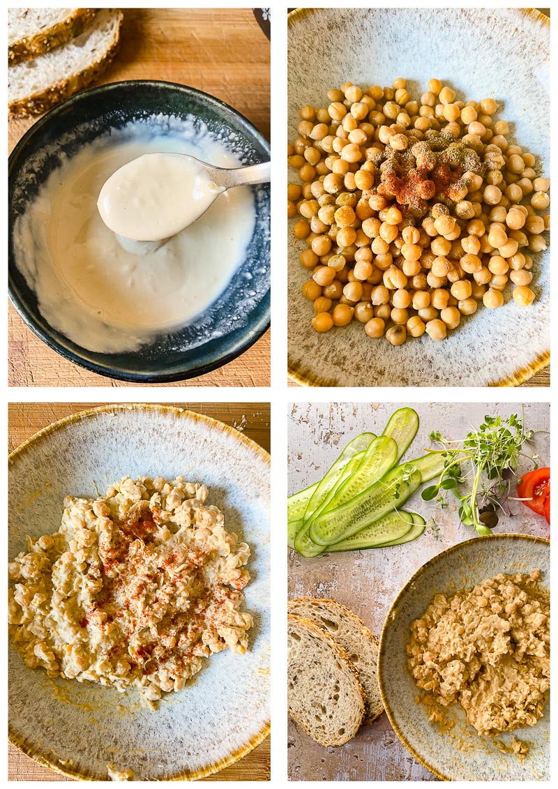Process shots showing mixing the dressing and chickpeas, illustrating the mashing technique to achieve varied textures.