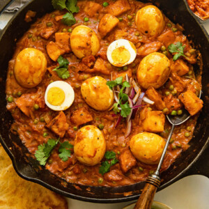 Egg curry in a cast iron frying pan