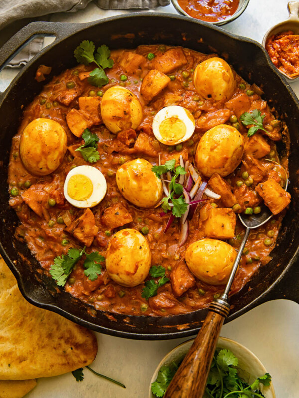 Egg curry in a cast iron frying pan