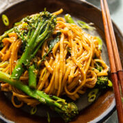 Bowl of miso noodles with chop sticks