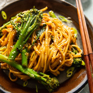 Bowl of miso noodles with chop sticks
