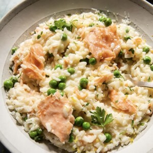 close up of a plate of salmon risotto