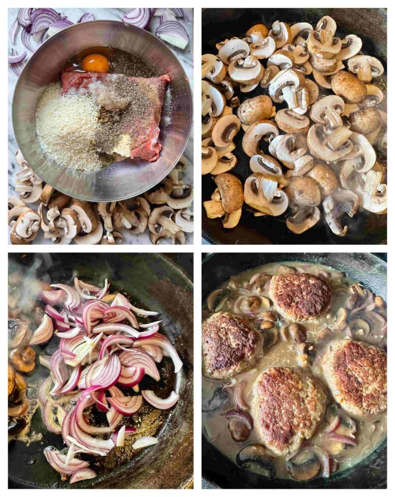 Process shots of salisbury steak patties being made and cooked in onion mushroom gravy