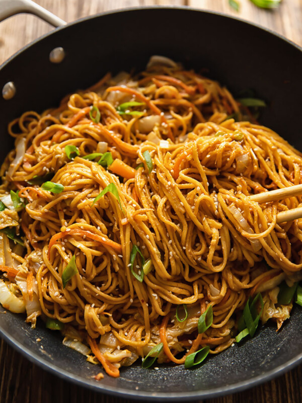 wok full of spicy peanut noodles