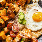 Close up of a plate of sweet potato hash