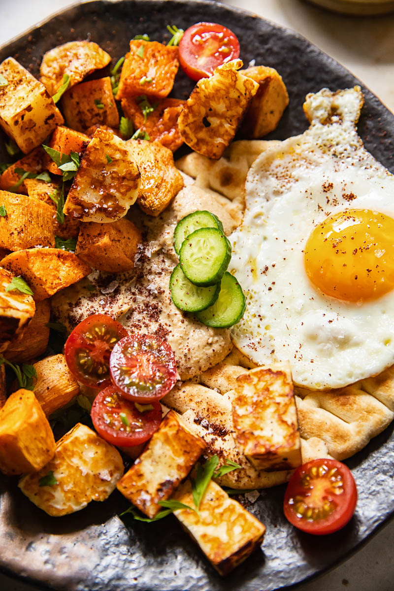 Sweet Potato Hash with Halloumi and Baba Ganoush