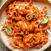 plate with tagliatelle in red sauce