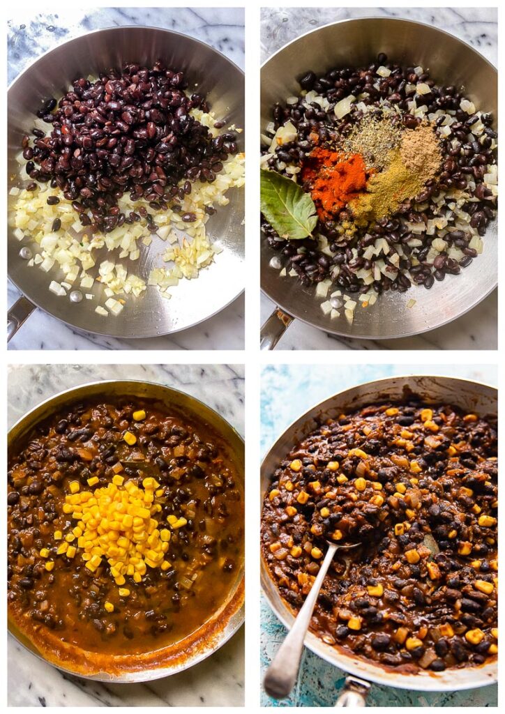 Process photographs showing ingredients in a frying pan and final product