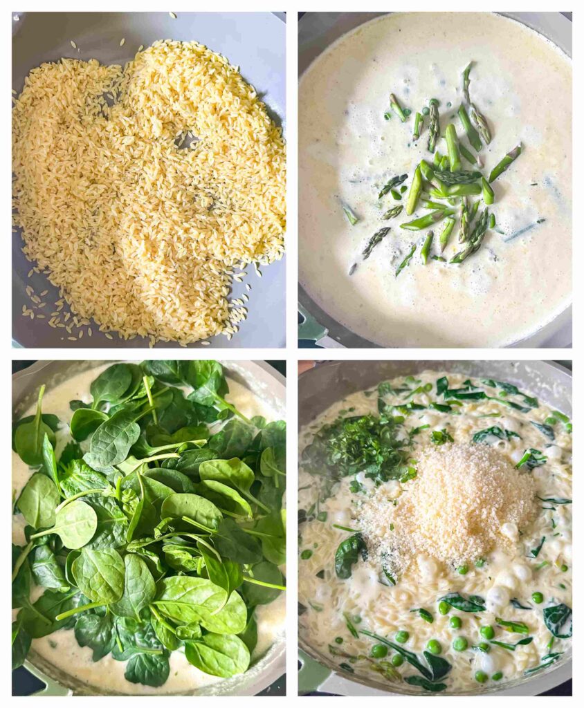 Process shots of creamy sauce being made and cooked with orzo pasta in a pan