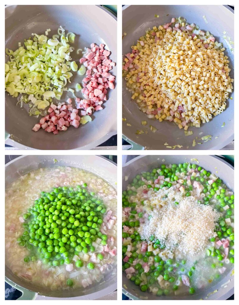 Process shots of veg and bacon being prepared then cooked with pasta in a pan