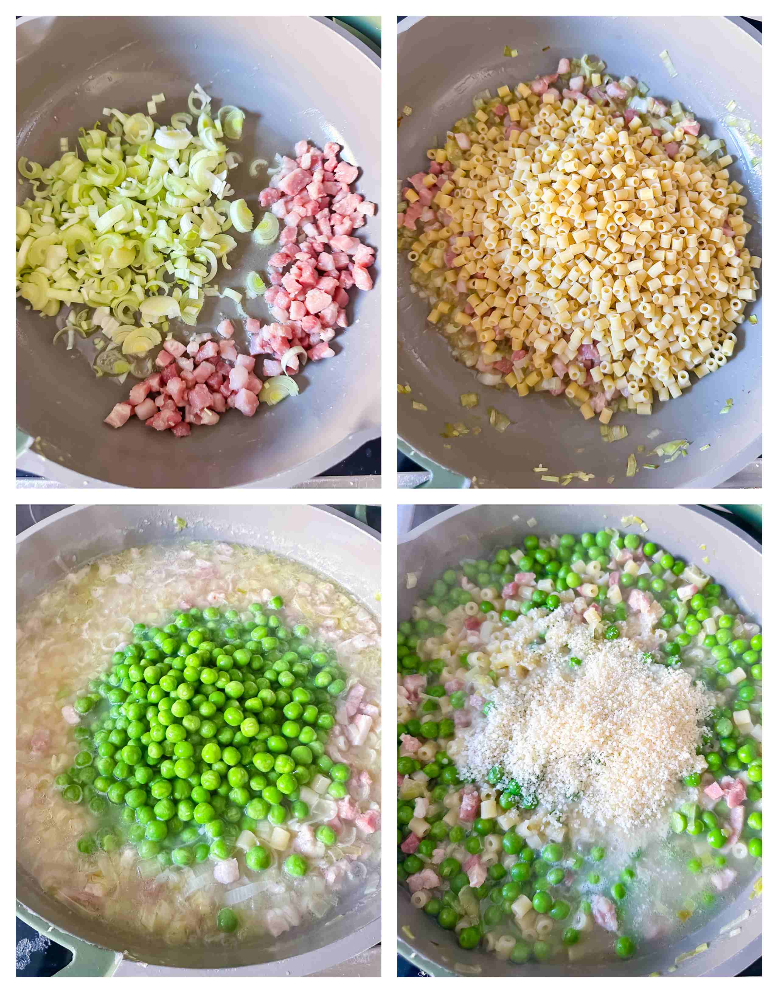 Process shots showing vegetables and bacon being prepared, then cooked with pasta and peas in a pan, illustrating the cooking steps.