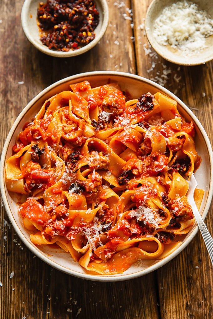 Chili Crisp Sausage Ragu Pappardelle - Vikalinka